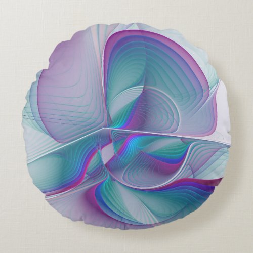 Modern Abstract Pink Blue Turquoise Fractal Art Round Pillow