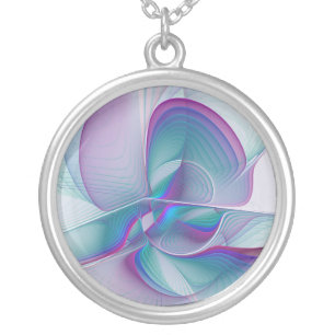 Modern Abstract Pink Blue Turquoise Fractal Art Silver Plated Necklace