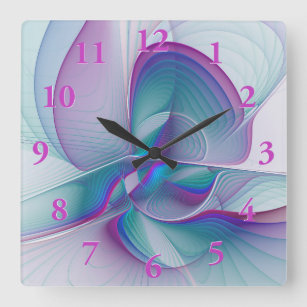 Modern Abstract Pink Blue Turquoise Fractal Art Square Wall Clock