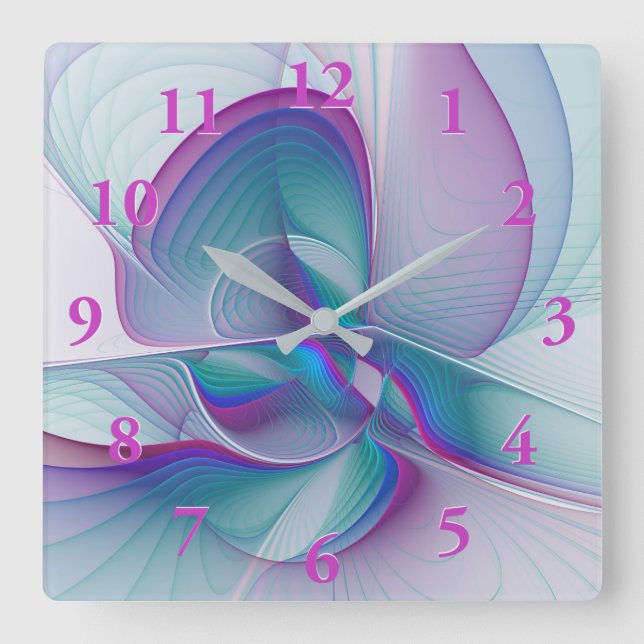 Modern Abstract Pink Blue Turquoise Fractal Art Square Wall Clock (Front)