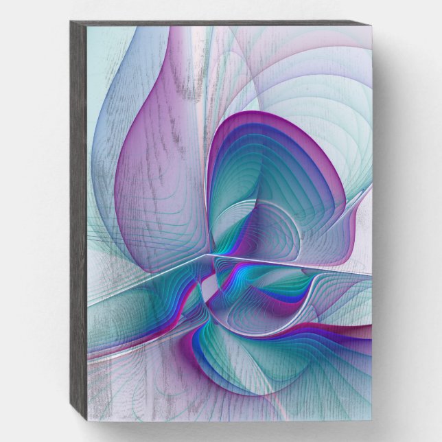 Modern Abstract Pink Blue Turquoise Fractal Art Wooden Box Sign (Front Vertical)