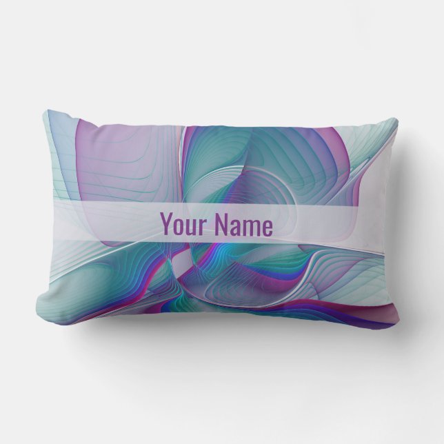 Modern Abstract Pink Blue Turquoise Fractal Name Lumbar Pillow (Front)