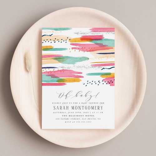Modern Abstract Pink  Blue Watercolor Baby Shower Invitation