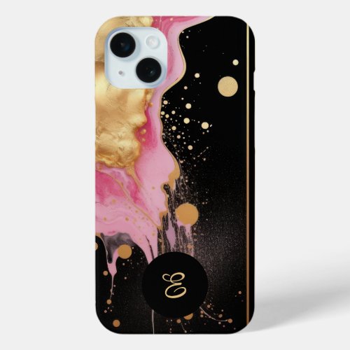 Modern abstract pink gold and black ink marble iPhone 15 plus case