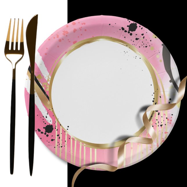 Modern Abstract Pink Gold Black Retro Party Fun  Paper Plates (Creator Uploaded)
