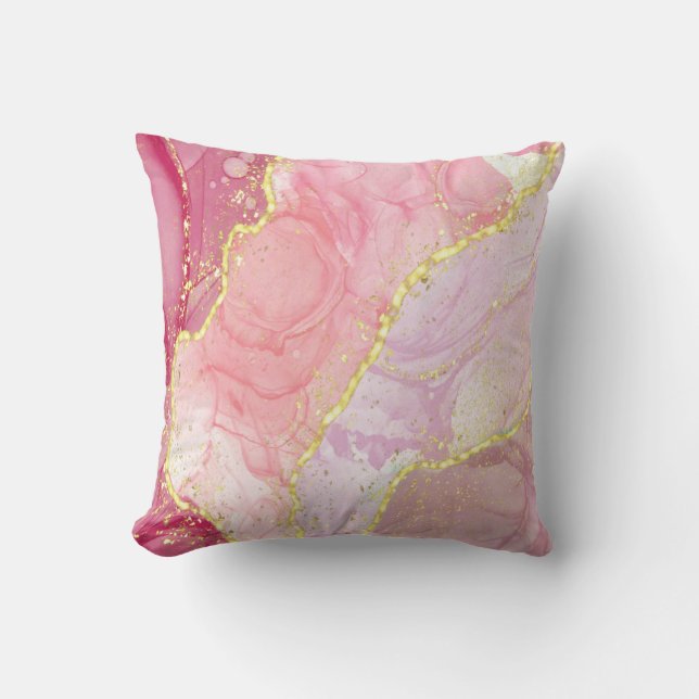 Modern Abstract Pink Gold Glitter Alcohol Ink Throw Pillow (Front)