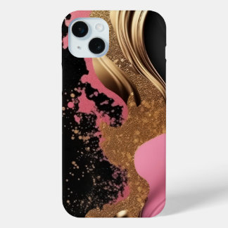 Modern abstract pink liquid gold and black marble iPhone 15 plus case