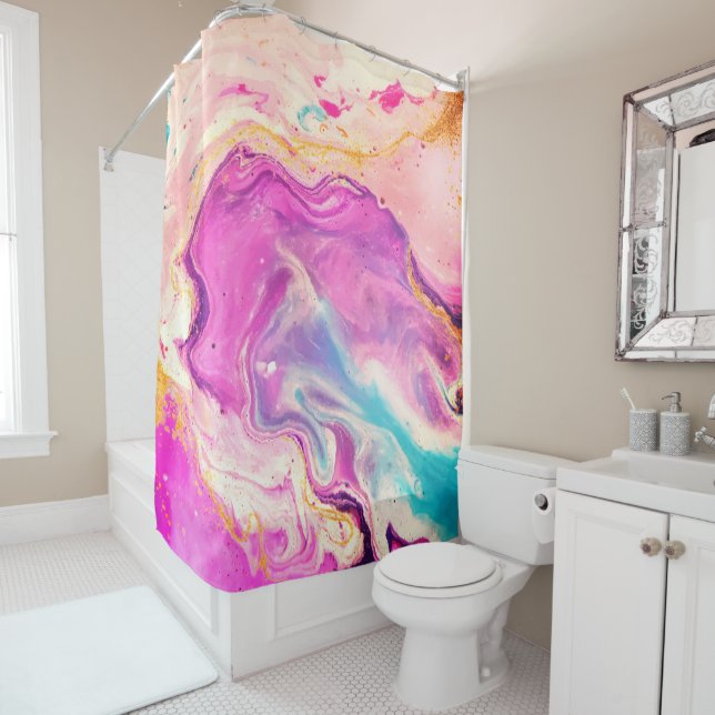 Modern Abstract Pink Purple Paint Swirl Shower Curtain (In Situ)