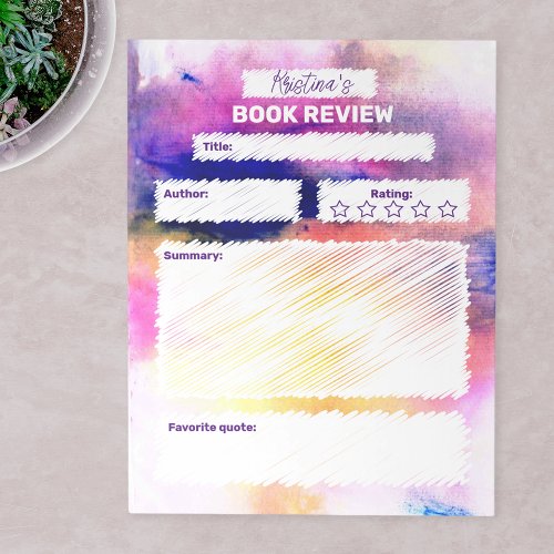 Modern Abstract Pink Purple Watercolor Book Review Notepad