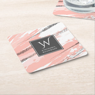 Modern Abstract Pink White Gray Monogram Square Square Paper Coaster