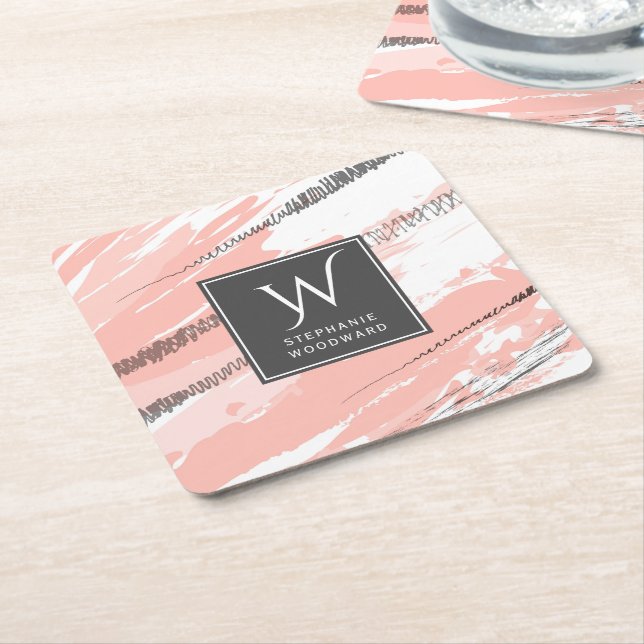 Modern Abstract Pink White Gray Monogram Square Square Paper Coaster (Angled)