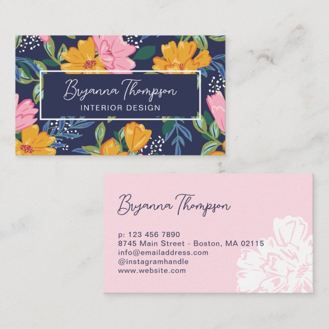 Modern Abstract Pink & Yellow Floral Pattern Business Card (Front/Back)