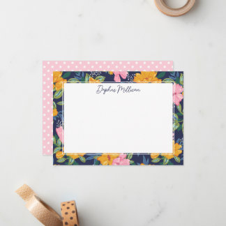 Modern Abstract Pink & Yellow Floral Pattern Name Note Card
