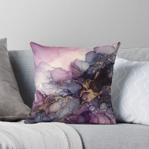 Modern Abstract Purple and Gold Ink Abstract Art Throw Pillow