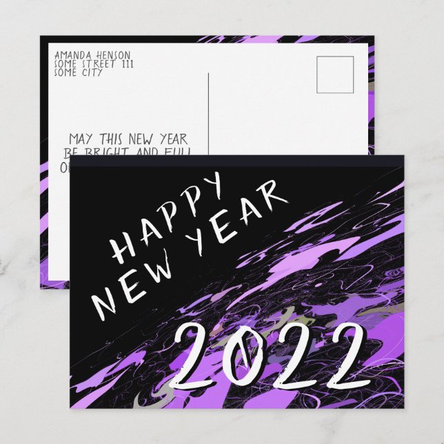 Modern Abstract Purple Black Happy New Year 2022 Postcard (Front/Back)
