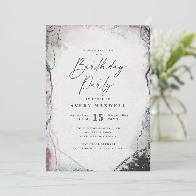 Modern Abstract Purple & Green Birthday Party Invitation (Standing Front)