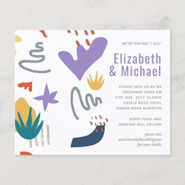 Modern Abstract Purple Green Orange Wedding Invite (Front)