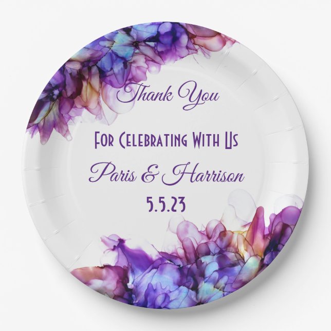 Modern Abstract Purple Haze Alcohol Ink  Wedding  Paper Plates (Front)