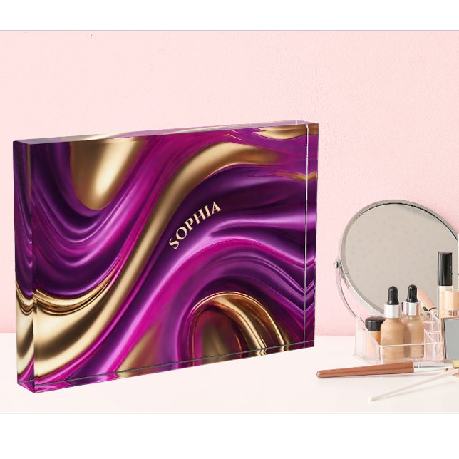 Modern Abstract-Purple Pink and Gold- Photo Block (Personalized Modern Abstract Flow Art-Purple Fuchsia and Gold- Vanity or Desk)