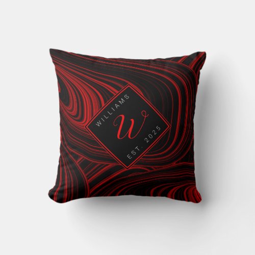 Modern Abstract Red and Black Family Monogram Throw Pillow