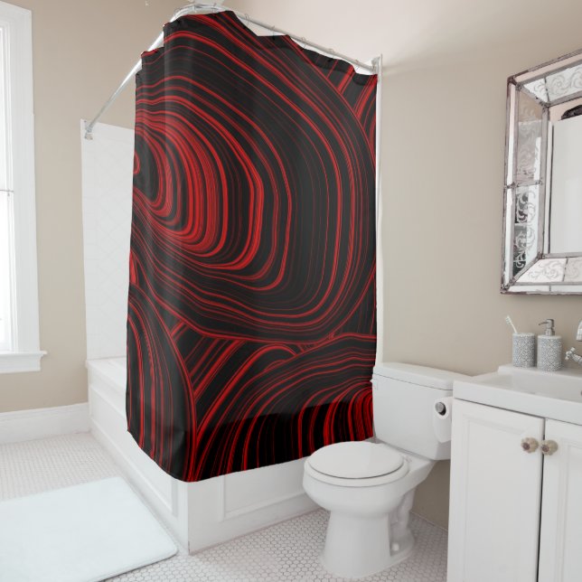 Modern Abstract Red and Black Pattern Shower Curtain (In Situ)