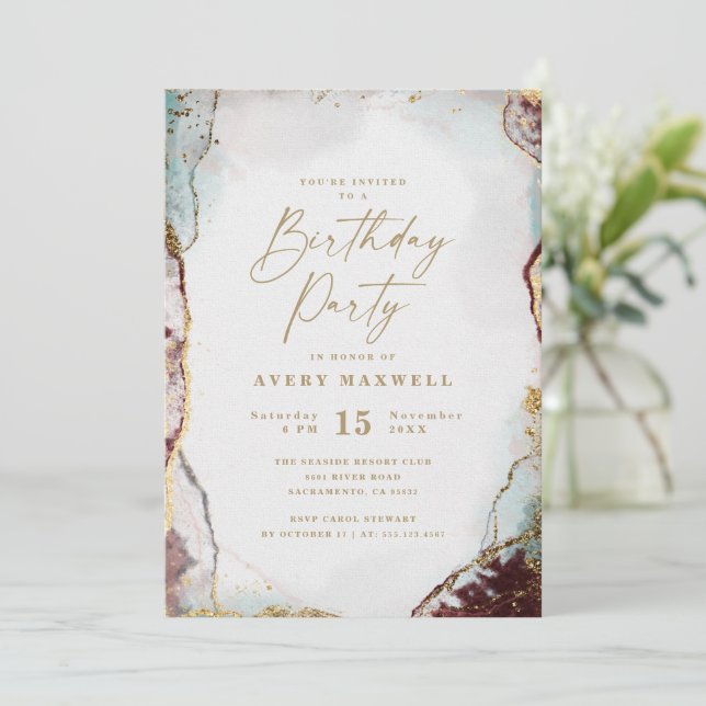 Modern Abstract Red Aqua & Gold Birthday Party Invitation (Standing Front)