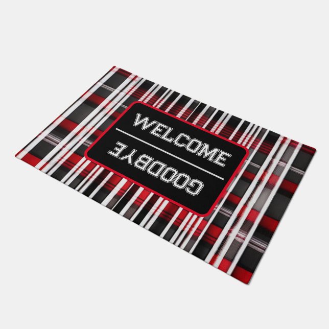 Modern Abstract Red Black Plaid Collection Doormat (Angled)