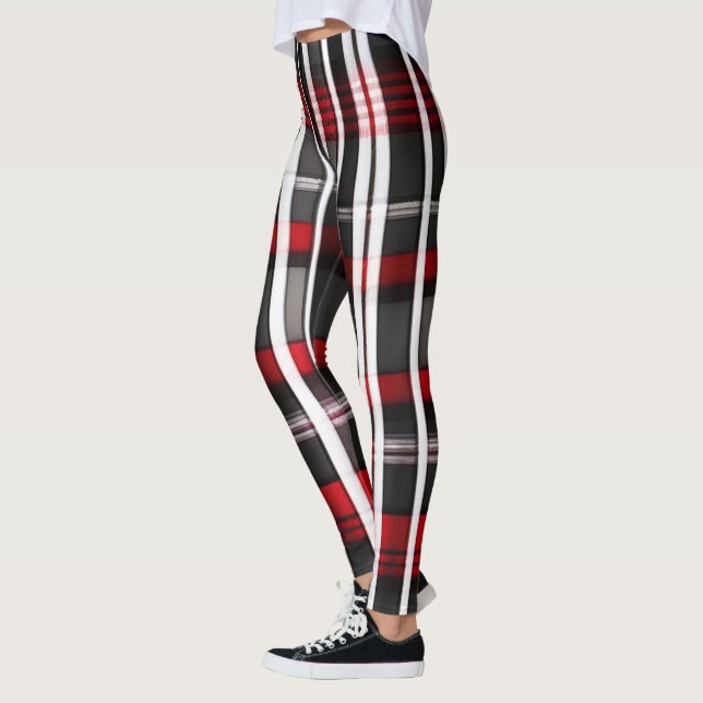 Modern Abstract Red Black Plaid Collection Leggings (Left)