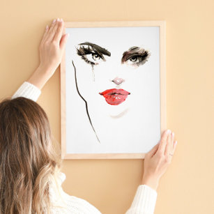 Modern Abstract Red Black Watercolor Woman Face  Poster