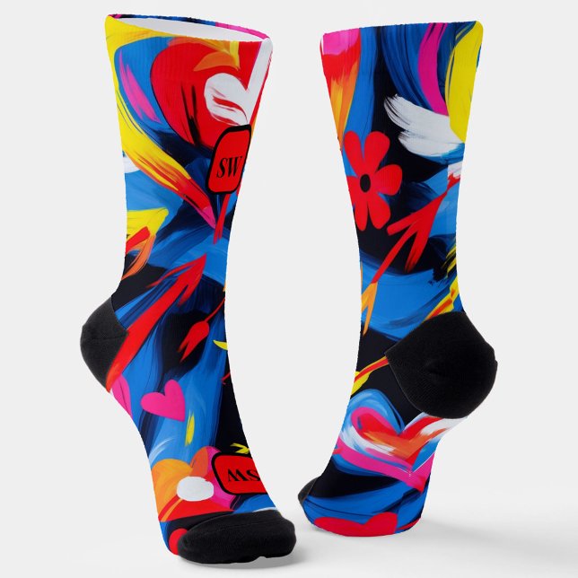 Modern abstract red blue yellow monogram socks (Creator Uploaded)