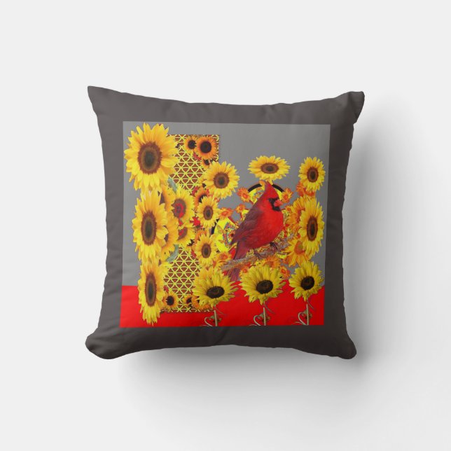 MODERN ABSTRACT RED CARDINAL YELLOW SUNFLOWERS THROW PILLOW (Front)