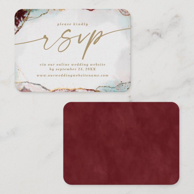 Modern Abstract Red & Gold Wedding Website RSVP Enclosure Card (Front/Back)