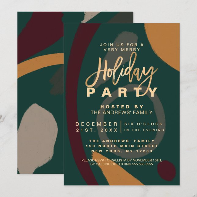 Modern Abstract Red Green Gold Holiday Party Invitation (Front/Back)