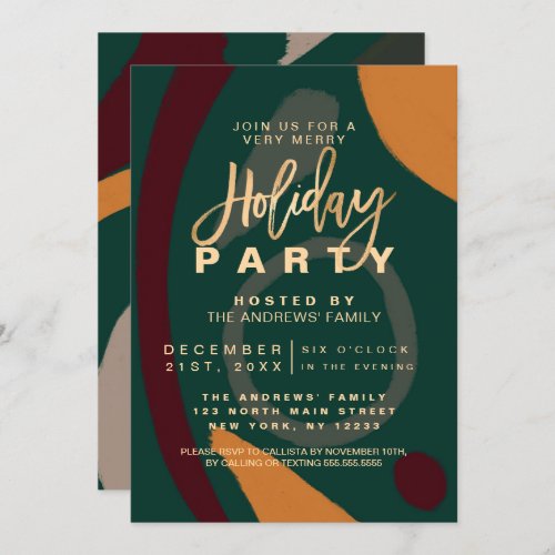 Modern Abstract Red Green Gold Holiday Party Invitation