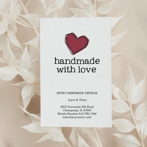 Modern Abstract Red Heart Handmade with Love Quote Business Card