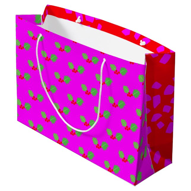 Modern Abstract Red Hot Pink Holly Xmas  Large Gift Bag (Back Angled)