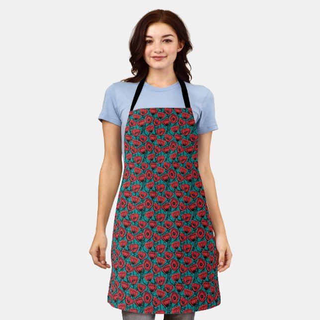 Modern Abstract Red Poppy Floral Pattern Apron (Worn)