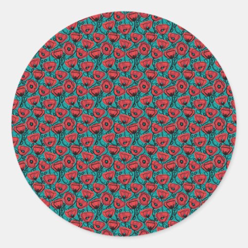 Modern Abstract Red Poppy Floral Pattern Classic Round Sticker