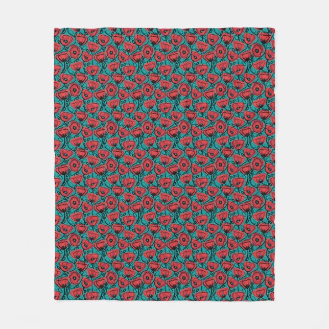 Modern Abstract Red Poppy Floral Pattern Fleece Blanket (Front)