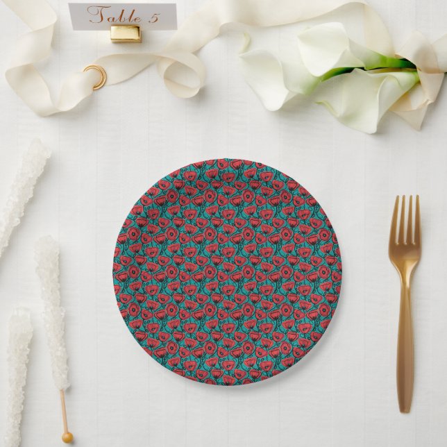 Modern Abstract Red Poppy Floral Pattern Paper Plates (Wedding)