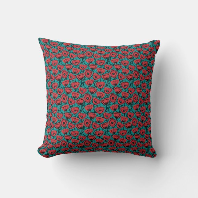 Modern Abstract Red Poppy Floral Pattern Throw Pillow (Front)
