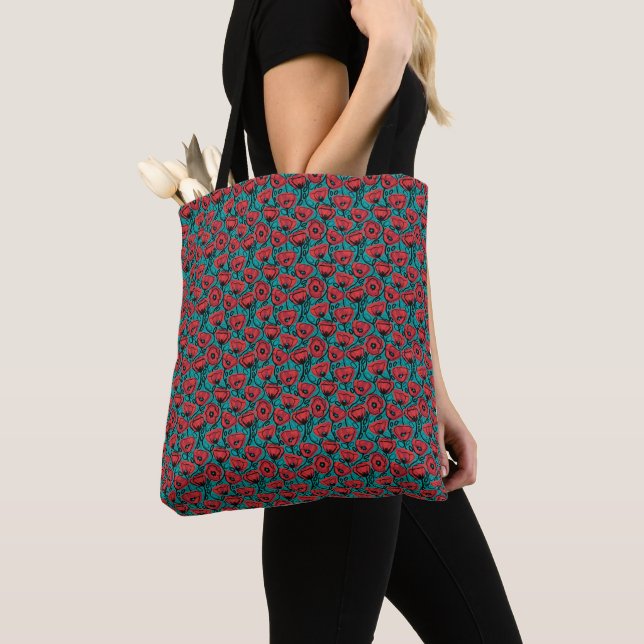 Modern Abstract Red Poppy Floral Pattern Tote Bag (Close Up)