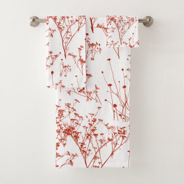 Modern Abstract Red Toile Wildflowers on White Bath Towel Set (Insitu)