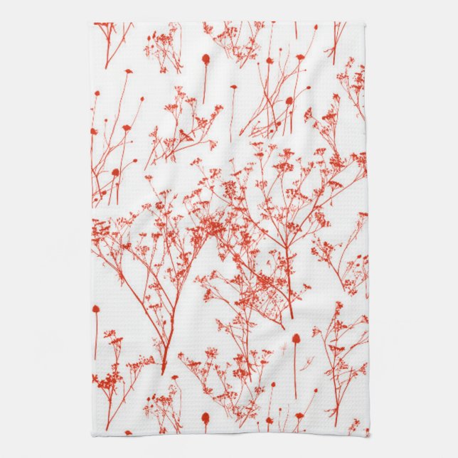 Modern Abstract Red Toile Wildflowers on White Kitchen Towel (Vertical)
