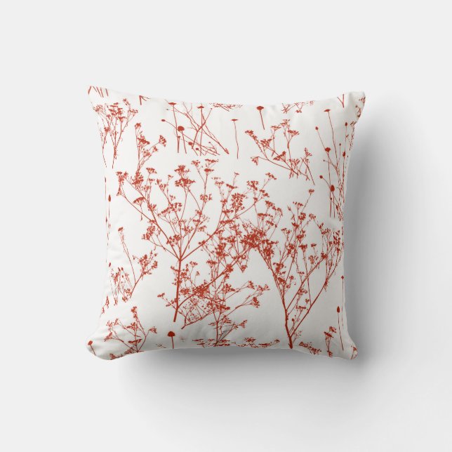 Modern Abstract Red Toile Wildflowers on White Throw Pillow (Front)