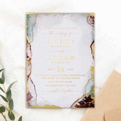 Modern Abstract Red Watercolor Wedding Real Gold Foil Invitation