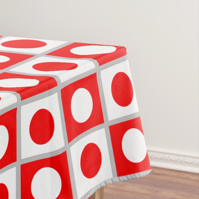 Modern Abstract Red & White Pattern on Light Gray Tablecloth (In Situ)