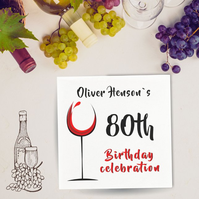 Modern Abstract Red Wine Glass 80th Birthday Party Napkins (Creator Uploaded)