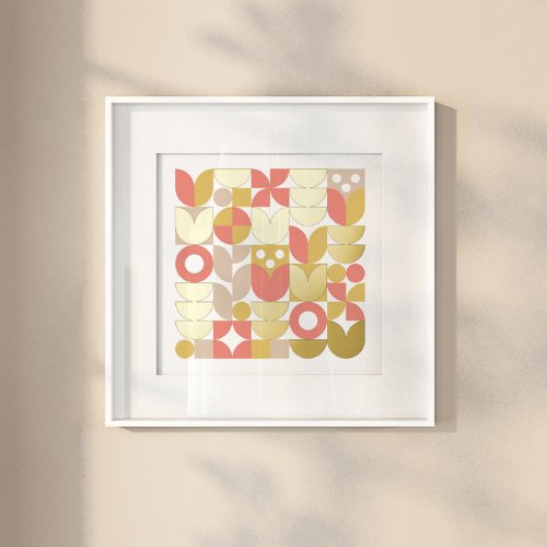 Modern Abstract Retro coral mustard flower Pattern Foil Prints