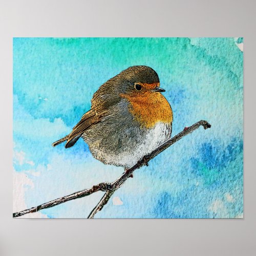 Modern abstract Robin bird on watercolor splatter Poster